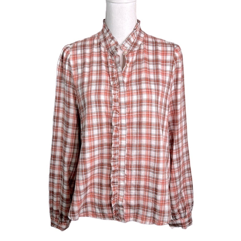 LOFT Plaid Button Down Long Sleeve Ruffle Trim Top Size Small New with Tags!